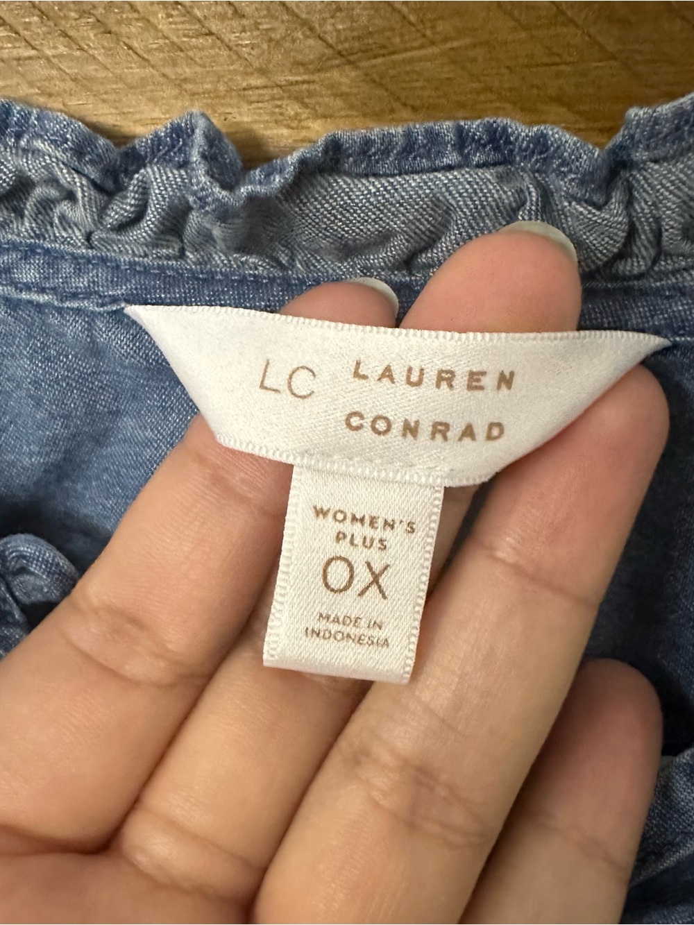 LC Lauren Conrad Chambray Blue Ruffle-Trim Blouse - Picture 2 of 4